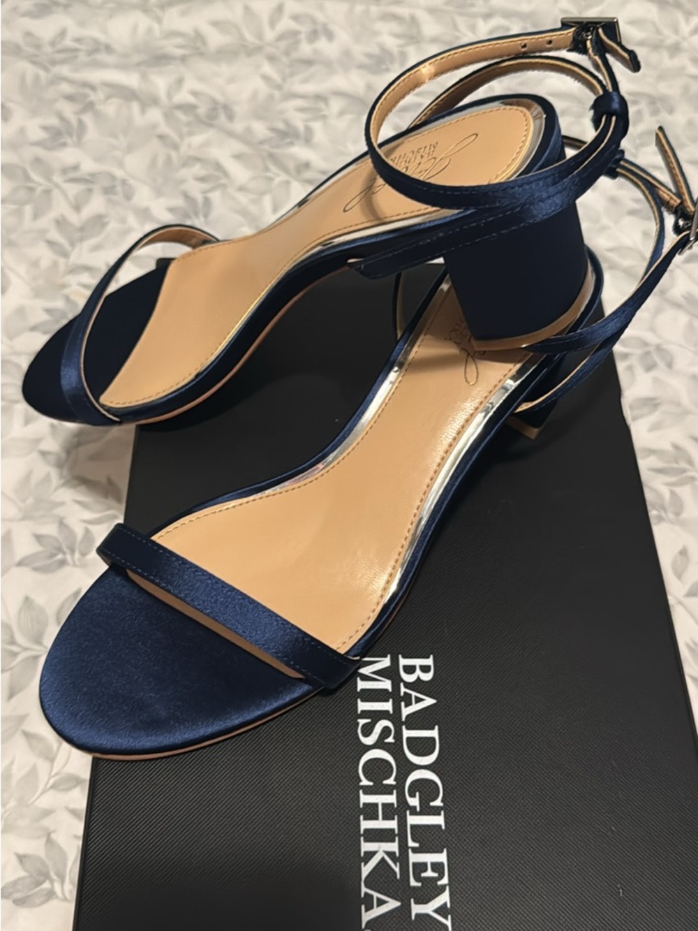 Jewel Badgley Mischka Navy Satin Ankle-Strap Block Heel Sandals